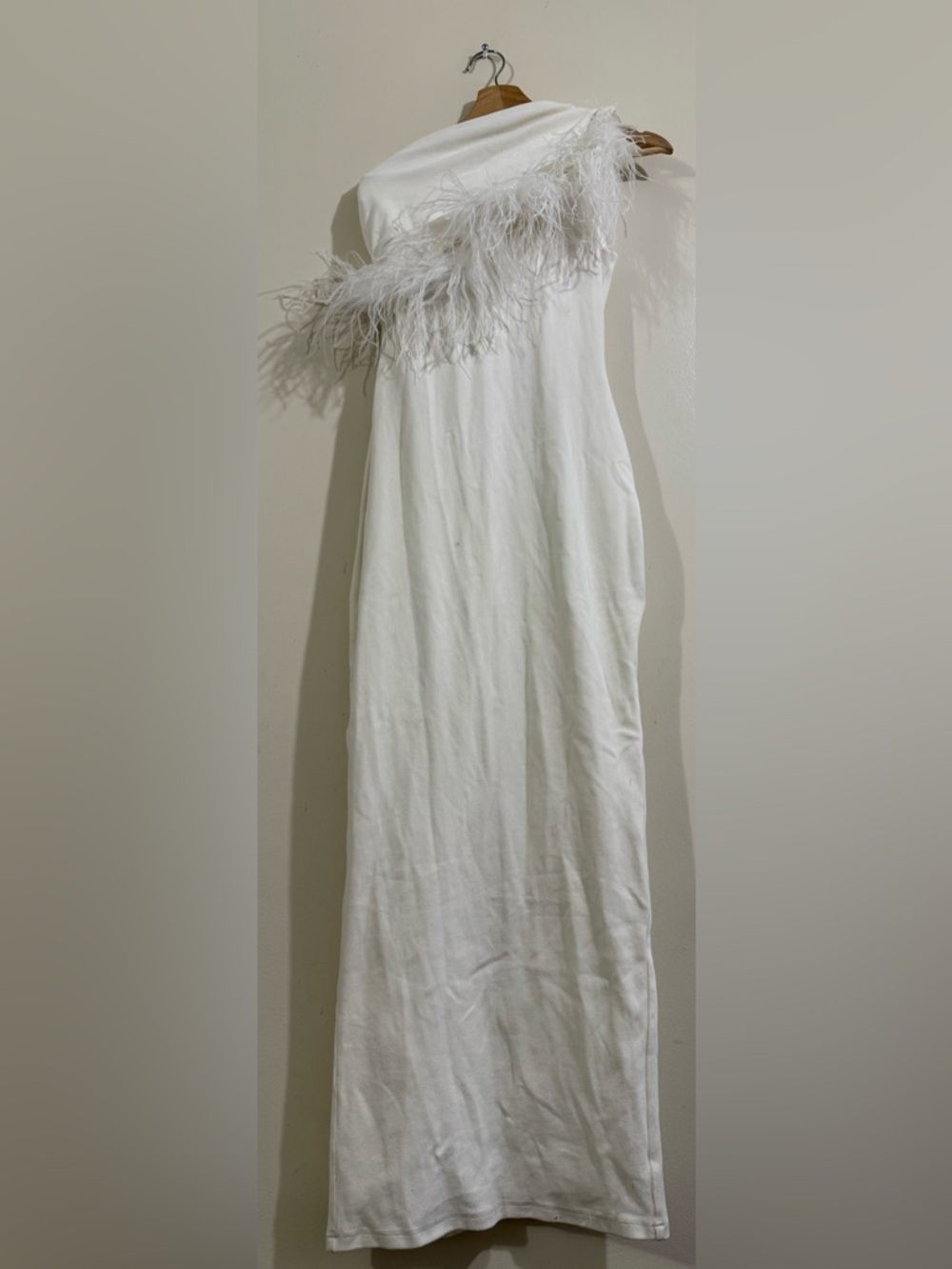 Johansen One-Shoulder White Feather-Trim Maxi Dress